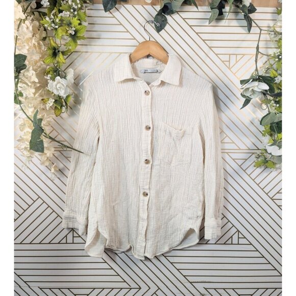 ZARA Women's Lightweight Gauze Button Front Peasant Blouse Cream Beig Size SMALL - Picture 1 of 6